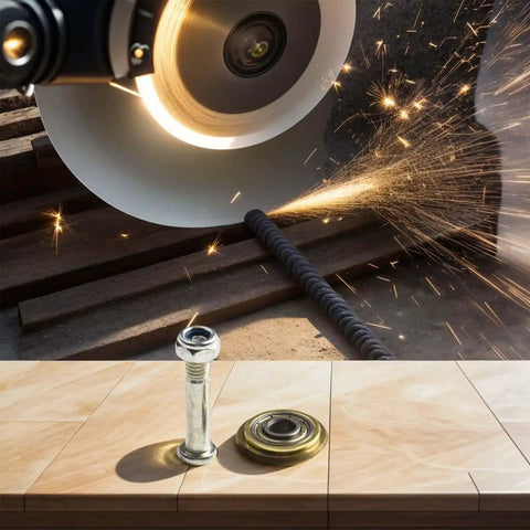 Angle grinder cutting metal with Manual Tile Cutter Replacement Rotary Bearing Wheels 22mm Metal Scoring Discs for tiles displayed below.