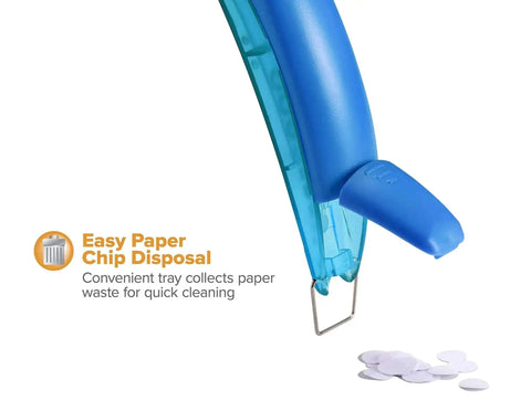 EZ Squeeze Reduced Effort One Hole Punch showing easy clean chip tray open with paper chips on surface