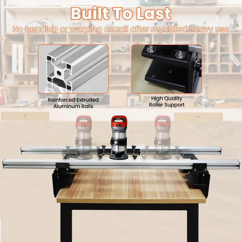 47.2 Inch Router Sled For Flattening Slabs, showing reinforced aluminum rails and roller support on a workshop table.