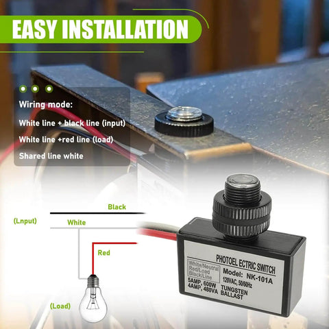 Outdoor 105V To 130V AC Photocell Light Sensor Switch installation with wiring guide for Dusk To Dawn Auto Lighting Detection