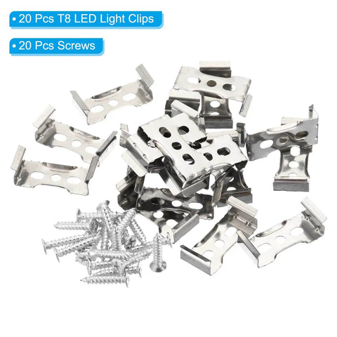 20 Pack T8 LED Light Clips For Fluorescent Tubes Stainless Steel Mounting Brackets With Screws For Easy Install On Ceiling Light Fixtures In Home Office 4mm Mounting Hole M4 Screws Included Compact 33.5mm By 11.5mm Clip Size.
