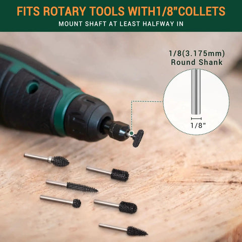 Rotor Saw Burr For Dremel And Foredom With One Eighth Inch Shaft Very Coarse Wood Carving Bit displayed with rotary tool