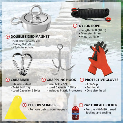 2625 Lb N52 Double Sided Fishing Magnet Kit With Rope for River Lake Beach including magnet, rope, gloves, and accessories