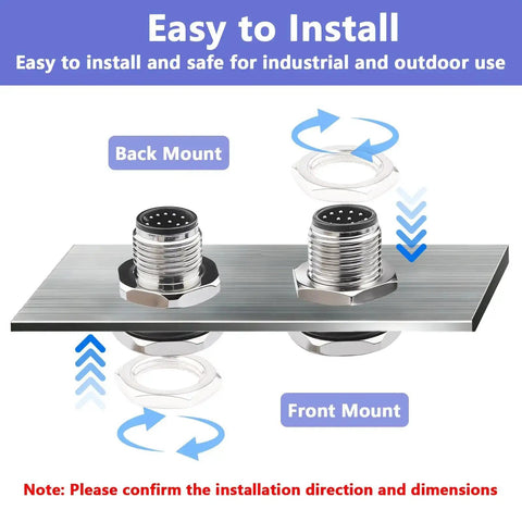 Back and front mount of M12 12 Pin A Code Male Aviation Connector Cable 0.2M, showing installation details and directions.