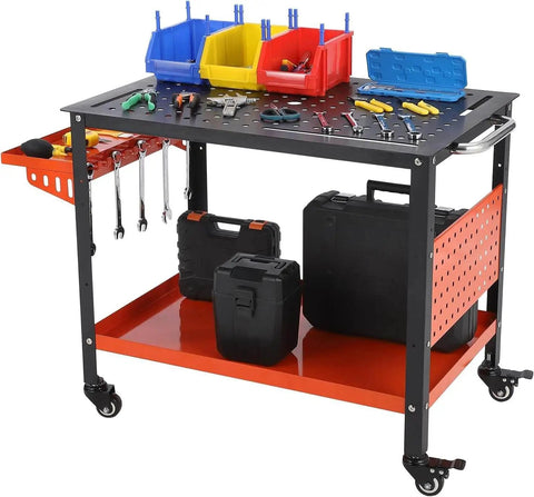 36 By 24 Inch Steel Welding Table With Heavy Duty Frame And 1200 Pound Capacity, Portable Rolling Workbench With tools and storage