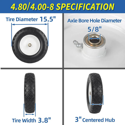 Flat Free 16 Inch Wheelbarrow Tire And Wheel Set Size 4.80 4.00 8 Solid Tire With 3 Inch Centered Hub And Five Eighth Inch Axle Bore Specs Diagram