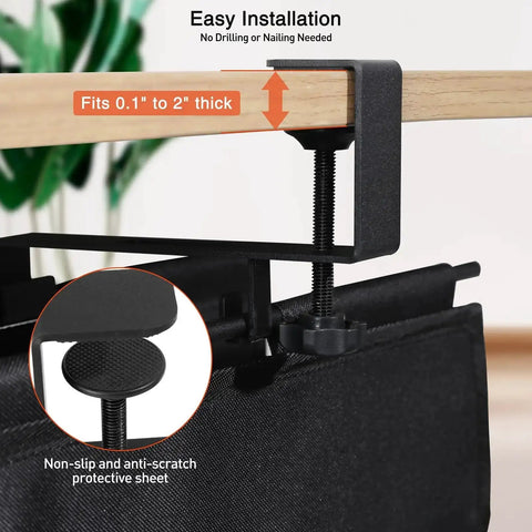 Close-up of Under Desk Cable Management Tray Clamp On Wire Organizer shows 28-inch size and anti-scratch clamp for clean home office setup.