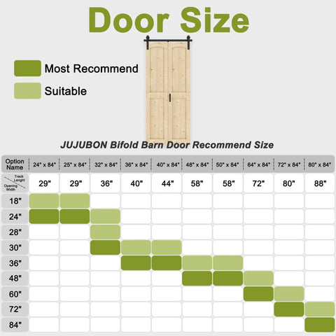 Door size chart for Space Saving 40 Inch By 84 Inch Unfinished Pine Bi Fold Barn Door with K Shape Bifold Design