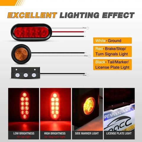 Diagram showing the Steel Trailer Light Boxes Housing Kit Two Pack With Amber Side Marker Lights and Red Oval Stop Brake Turn Signals