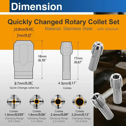 Four Piece Rotary Tool Collet Set With Clamping Nut In Stainless Steel dimensions and sizes for Dremel and most rotary tools