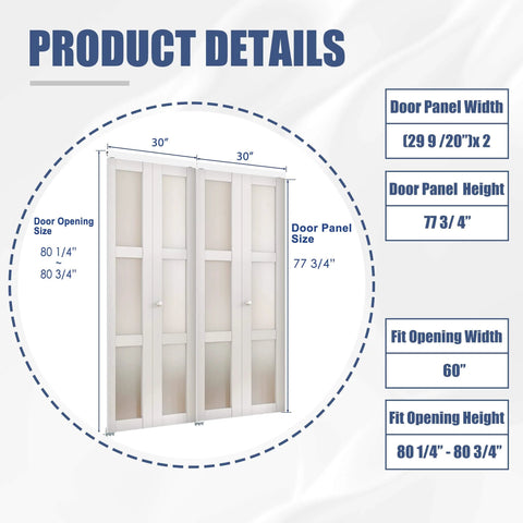 Preassembled 60x80 White Bifold Closet Doors with Concealed Hardware Kit, Frosted Look, Waterproof PVC, Barn Style, Indoor Use.