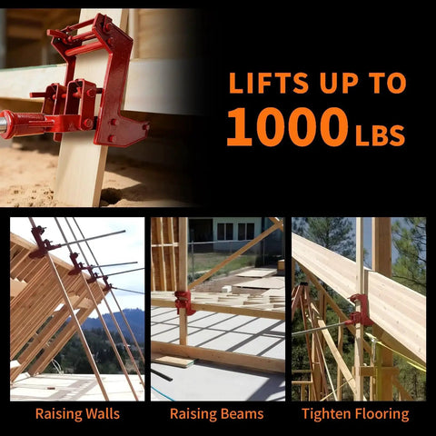 Solo Framing Wall Jack Lifts 1000 Lb Beams With Fir Poles Or Steel Pipe shown lifting walls and beams in construction.