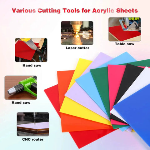 Colorful Cast Acrylic Sheets Set For Laser Cutting And DIY Crafts 12 By 12 Inch 3 Mm Thick 10 Pack With Protective Paper Opaque Colored Panels In Red Pink Orange Green Yellow Blue Cyan Purple Black White displayed with various cutting tools.