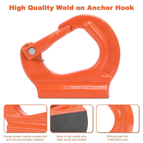 2 Ton G80 Weld On Anchor Hook Heavy Duty Lifting Hook, orange, close-up view showing alloy steel and 4400 lbs working load limit.