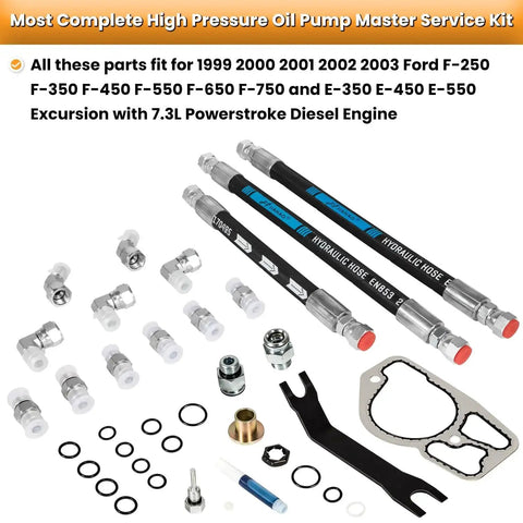 Beefed Up 38 Piece High Pressure Oil Pump HPOP Master Service Kit with hoses and lines for Ford 7.3L Powerstroke Diesel Engines 1999-2003