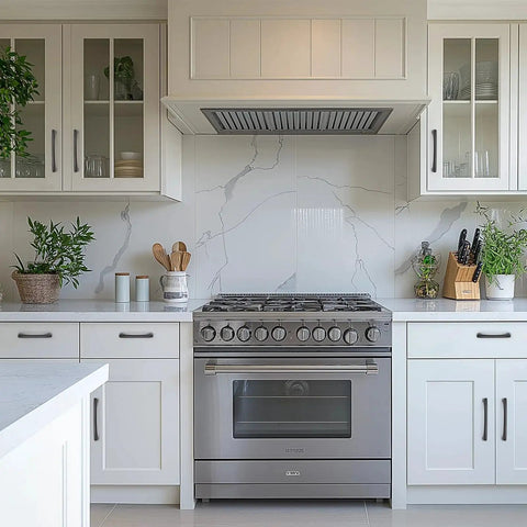 Modern kitchen with white cabinets, featuring 30 Pack 5 Inch Hole Center Kitchen Cabinet Handles Curved Black Zinc Alloy Drawer Pulls.