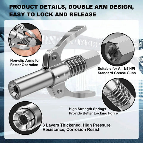 Heavy Duty Grease Gun Coupler With Double Handle And 6 Claw Design, 12000 PSI High Pressure Fittings, 1 Eighth NPT Compatible displayed