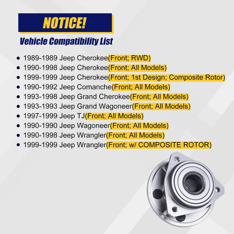 Front Wheel Bearing And Hub Assembly 2 Pack Compatible With Jeep Cherokee 89 99 Grand Cherokee Comanche Wagoneer TJ 5 Lug Without Abs Front Wheel Hub Replacement For All Front Axles Durable OEM Grade Bearings with compatibility list.