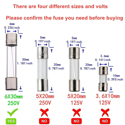 Comparison of four different glass fuses with dimensions and voltages, highlighting Six By Thirty Millimeter 6x30mm Fast Blow Glass Fuses 15 Amp 250 Volt F15AL250V