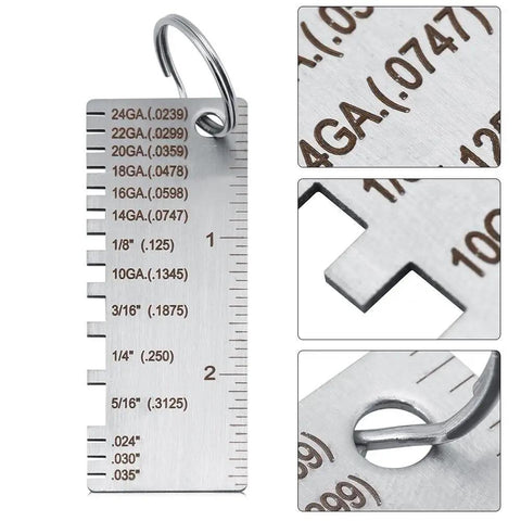 Stainless Steel Thickness Gauge For Welding And Metal Fabrication Pro Grade DIY Friendly Tool Measures 24GA 22GA 20GA 18GA 16GA 14GA On Steel Sheet And Wire, close-up view.