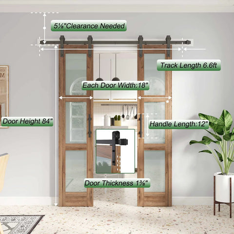 Front view of Double 18 By 84 Inch Glass Barn Doors With 36 Inch Opening, 6.6 Ft Beefed-Up Hardware Kit And Handle Included.