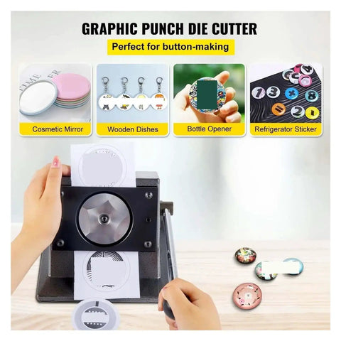 Beefy Round Punch Die Cutter One And A Quarter Inch 32mm Cast Iron Manual Punch Press For Badges And Buttons with graphic samples.