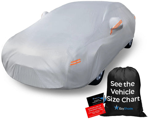 All Weather 10 Layer Waterproof Car Cover For SUVs And Sedans With Size Chart Fit Guaranteed See Vehicle Size A4 Full Exterior Coverage For Winter Rain Sun And Snow EzyShade on a parked vehicle.