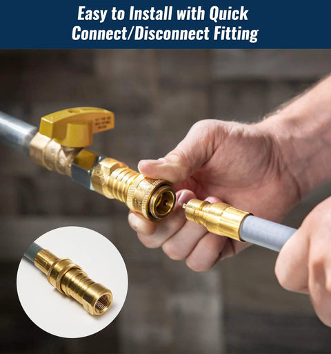 Natural gas grill hose with brass quick-connect fittings, 15 ft long, 3/8 in ID being attached by hand