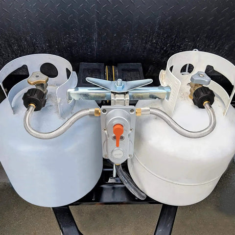 Two Stage Auto Changeover Propane Regulator For Campers RVs And Trailers With Auto Switch Between Full And Empty Cylinders shown with two tanks.