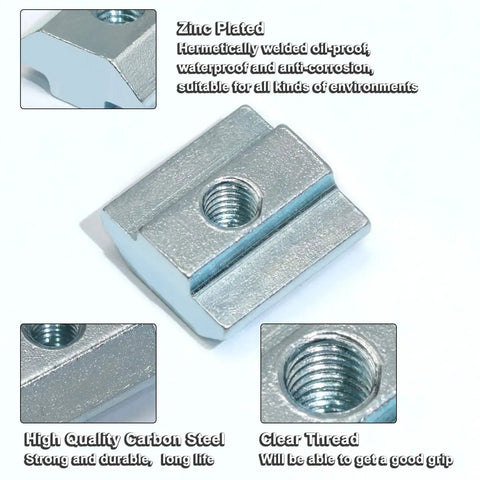 Close-up of M4 Slide In T Nut Tee Sliding Nut For Aluminum Extrusion 2020 Series 6mm Slot, zinc plated carbon steel with clear thread.