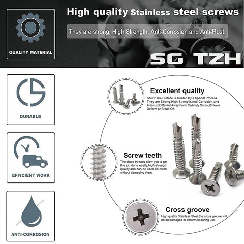 Number Ten By One And A Half Inch Sheet Metal Screws, 100 Pieces, 410 Stainless Steel Flat Head Self Tapping Tek Screws image with features