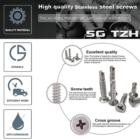 Ten By Two And Three Quarters Inch Sheet Metal Screws Flat Head Tek Screws Self Tapping 100 Pcs 410 Stainless Steel Heavy Duty Fasteners shown with details on durability and quality material.