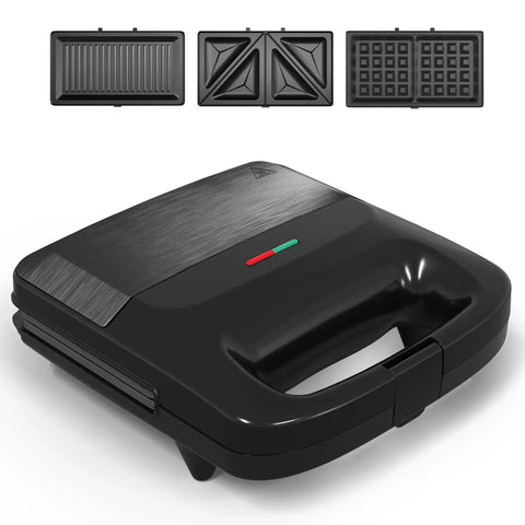 3 In 1 Waffle, Grill And Sandwich Maker With Removable Nonstick Plates, Indicator Lights, 800W Power, Compact Black appliance
