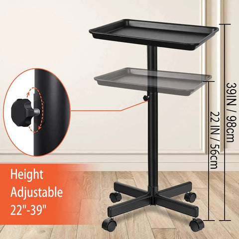 Height Adjustable Rolling Salon Tray on Wheels with Multi Level Height Range from 28 to 44 Inches for Salon and Spa Use in Black