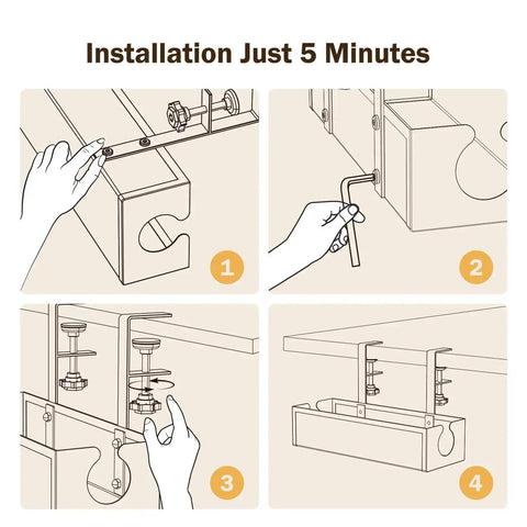Installation steps for under desk cable management tray showing clamp mount method, no drill, easy five-minute setup.