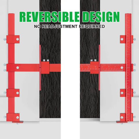 Built Tough Aluminum Cabinet Handle Jig For Precise Drawer Pull Installations With 50 Percent Thicker Frame And Dual Screw Lock Drill Guide Template Tool displayed front and side view in red aluminum with ruler markings, reversible design.