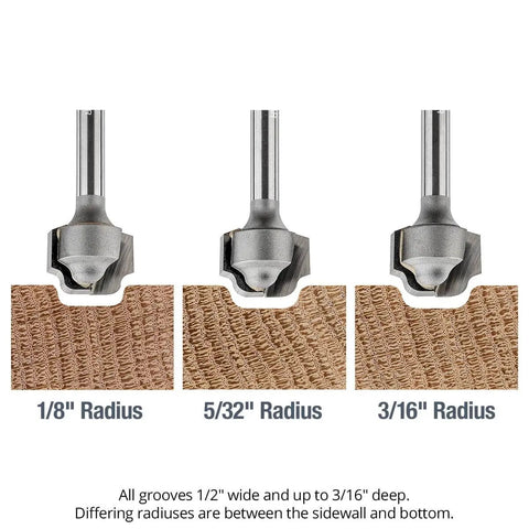 Comparison of juice groove router bits showing 1/8, 5/32, and 3/16 inch radii; 1/2 inch groove width; flat bottom design; front view.