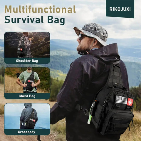 Man wearing crossbody bag from 262 Piece Survival Kit With First Aid Pouch And Crossbody Bag For 72 Hour Emergency Preparedness