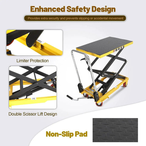 KAFLLA double scissor hydraulic lift table cart with foldable handle; 330 lb capacity; yellow frame, black anti-slip platform.