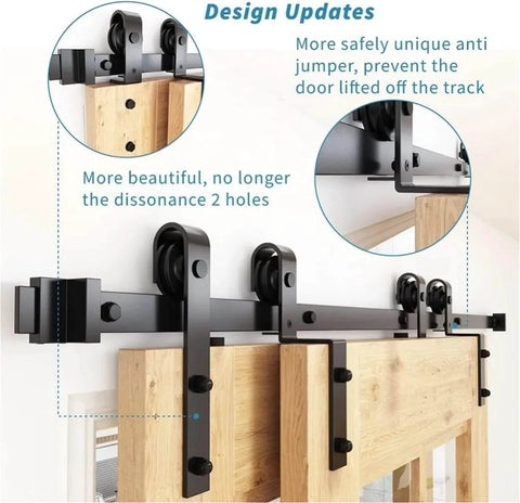 Five Foot Single Track Barn Door Hardware Kit for Double Wooden Doors With Flat Track Rollers Low Ceiling Friendly
