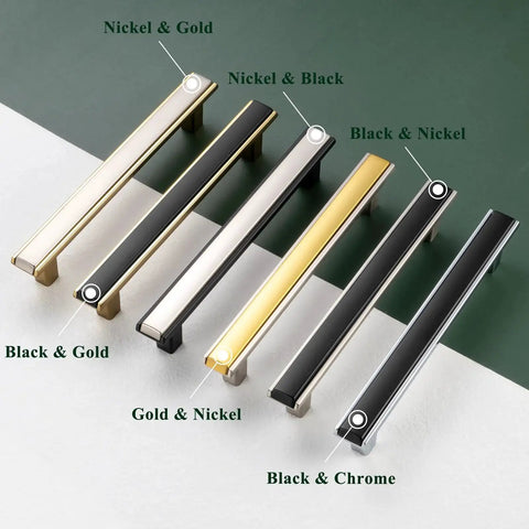 Variety of cabinet pulls including a Matte Black and Gold Cabinet Pulls Set, 5 Pack, 5 Inch Center-To-Center Two-Tone Hardware on display