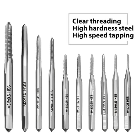 Micro Taps Bit Set 10Pcs Metric Hand Taps M1 To M3 Point Five displayed with threading tips and details in HSS material for DIY use.
