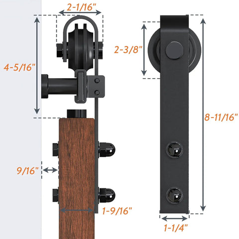 Nine Foot Single Sliding Barn Door Hardware Kit With Track For Quiet Smooth Operation, side and front views with measurements