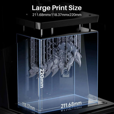 Saturn 4 Ultra 16K Resin 3D Printer Cranks Out 150 mm Per Hour, showing large print size of 211.68 by 118.37 by 220 mm