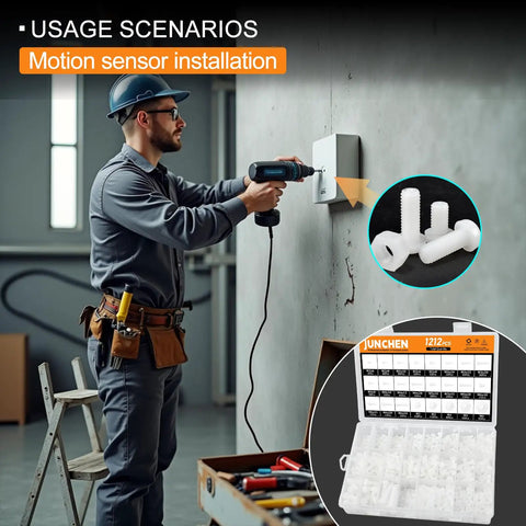 Electrician installing motion sensor with White Nylon Pan Head Bolts And Nuts Kit For M2 To M6 Size Range, nearby open kit box.