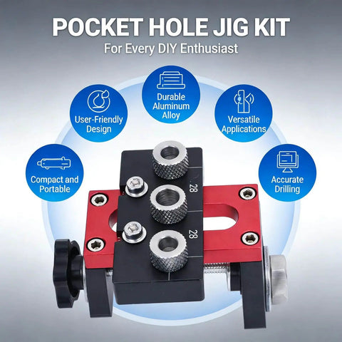 3 In 1 Aluminum Pocket Hole Jig Kit With Dowel Guide For 8mm 10mm And 15mm Drill Openings, shown with compact design and adjustment scales