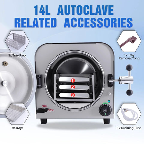 DACAT-RICHFU TR250E 14L autoclave by Amazon with 3 trays and tray rack.