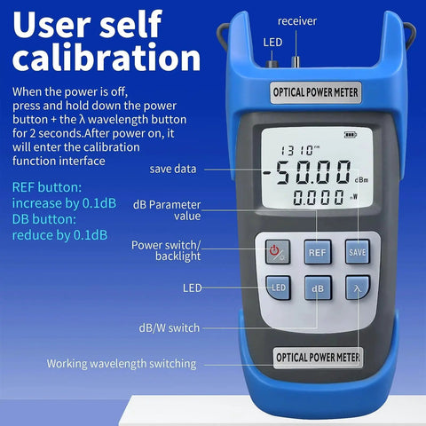 Front view of Rechargeable High Precision Optical Power Meter AC510A Two Piece Kit for Fiber Testing with LCD and control buttons.