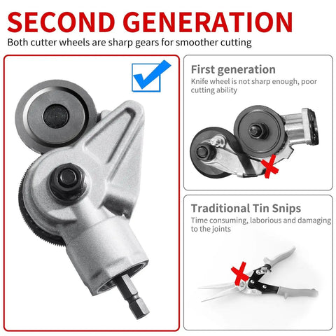 Drill Cut Pro Metal Cutting Adapter for Electric Drills, shown with serrated front wheel for cutting iron and steel, second generation
