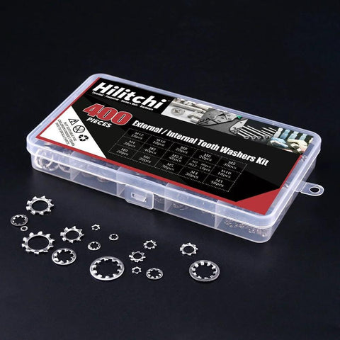 Hilitchi 400-Pc stainless steel external and internal tooth star washers kit in clear case, M2–M12 sizes.